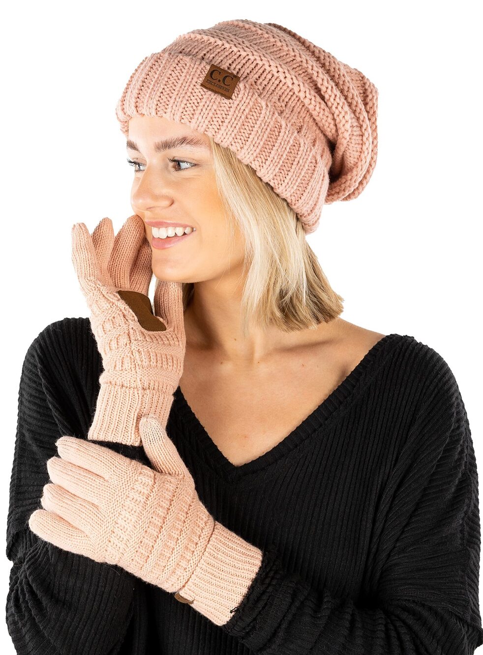 4691 Matching Oversized Knit Hat and Gloves Set, Warm Slouchy Winter Beanie
